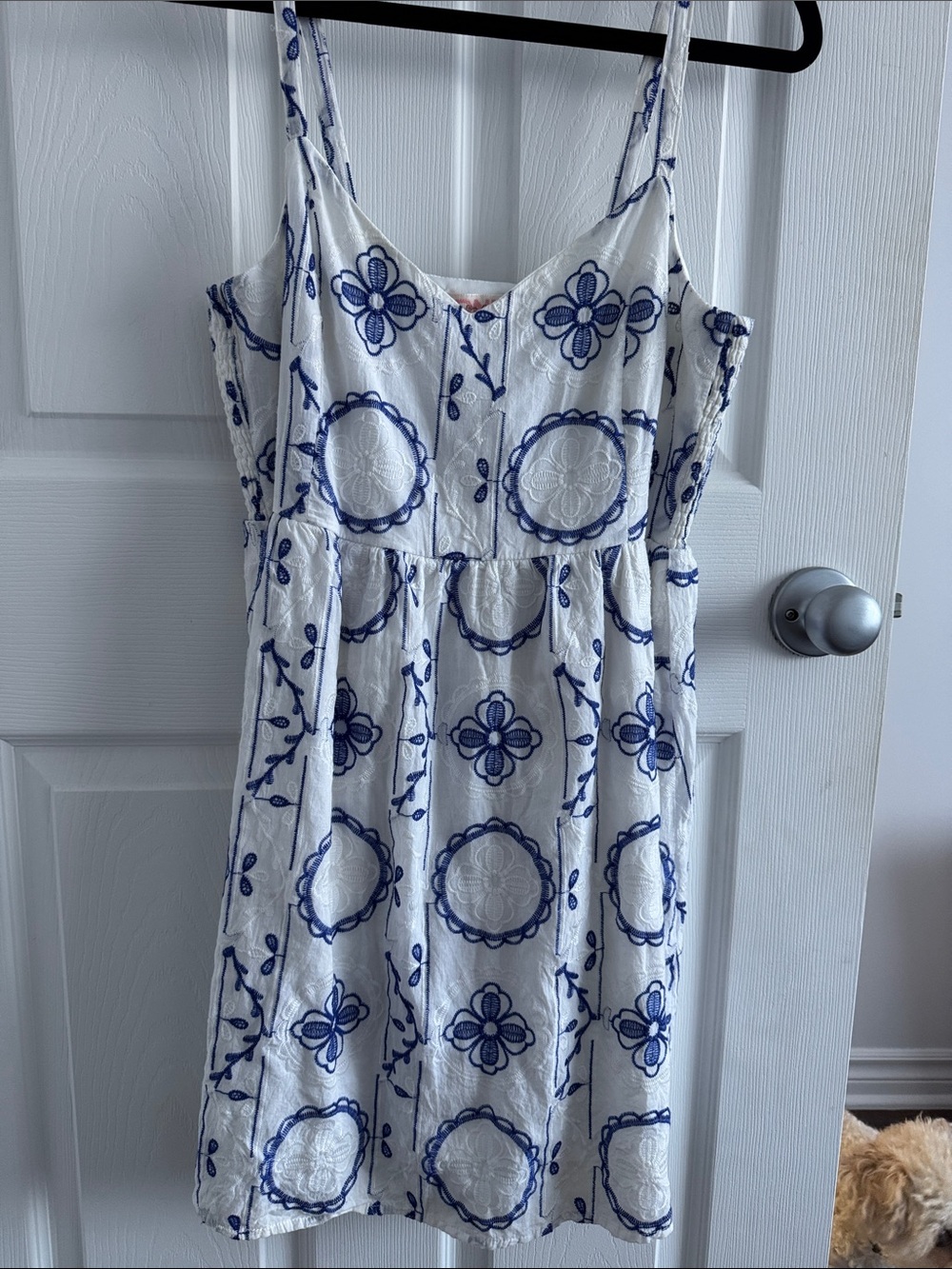Only White Mini Dress with Blue Embroidered Motifs